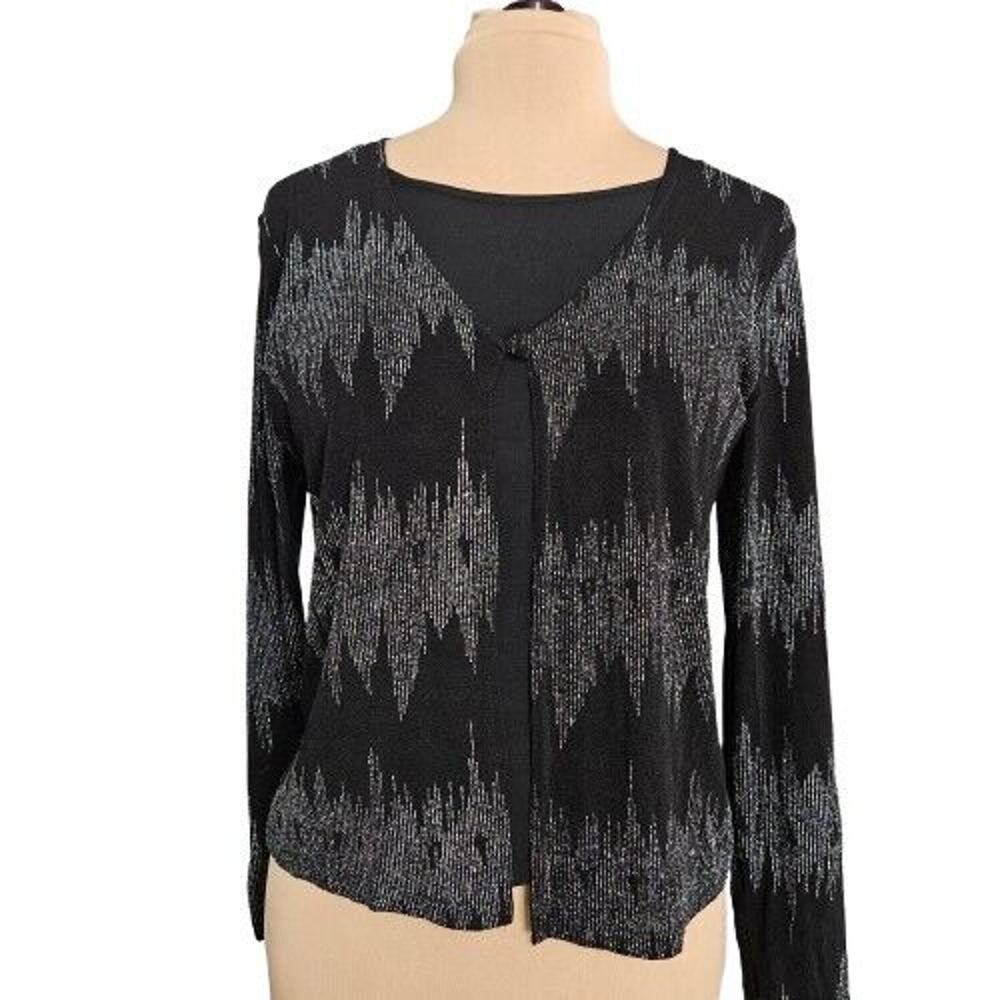 Western Connection Twofer Top Womens Medium‎ Black Silver Metallic Festive Bling